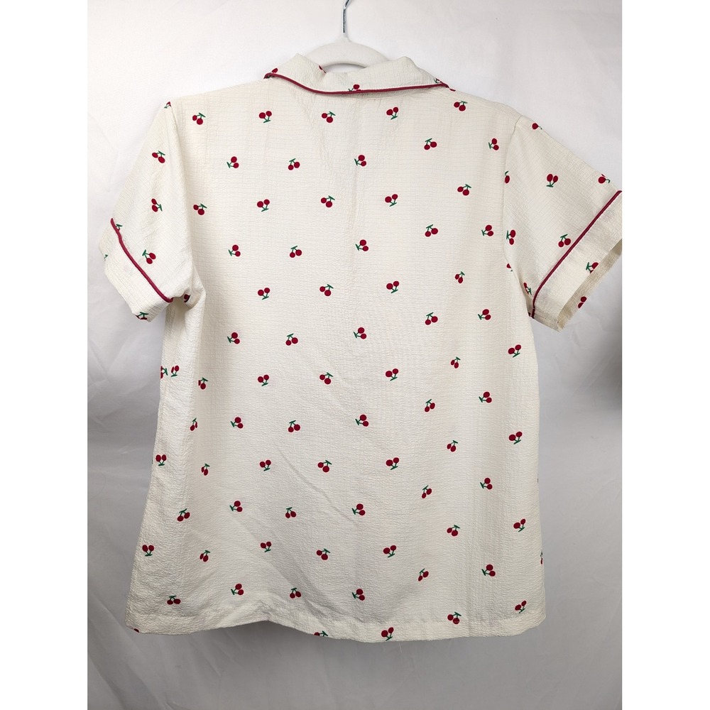 Cherry Print Pajama Set Button Shirt Shorts Size M Cream Red Novelty Print Fruit - Picture 9 of 10